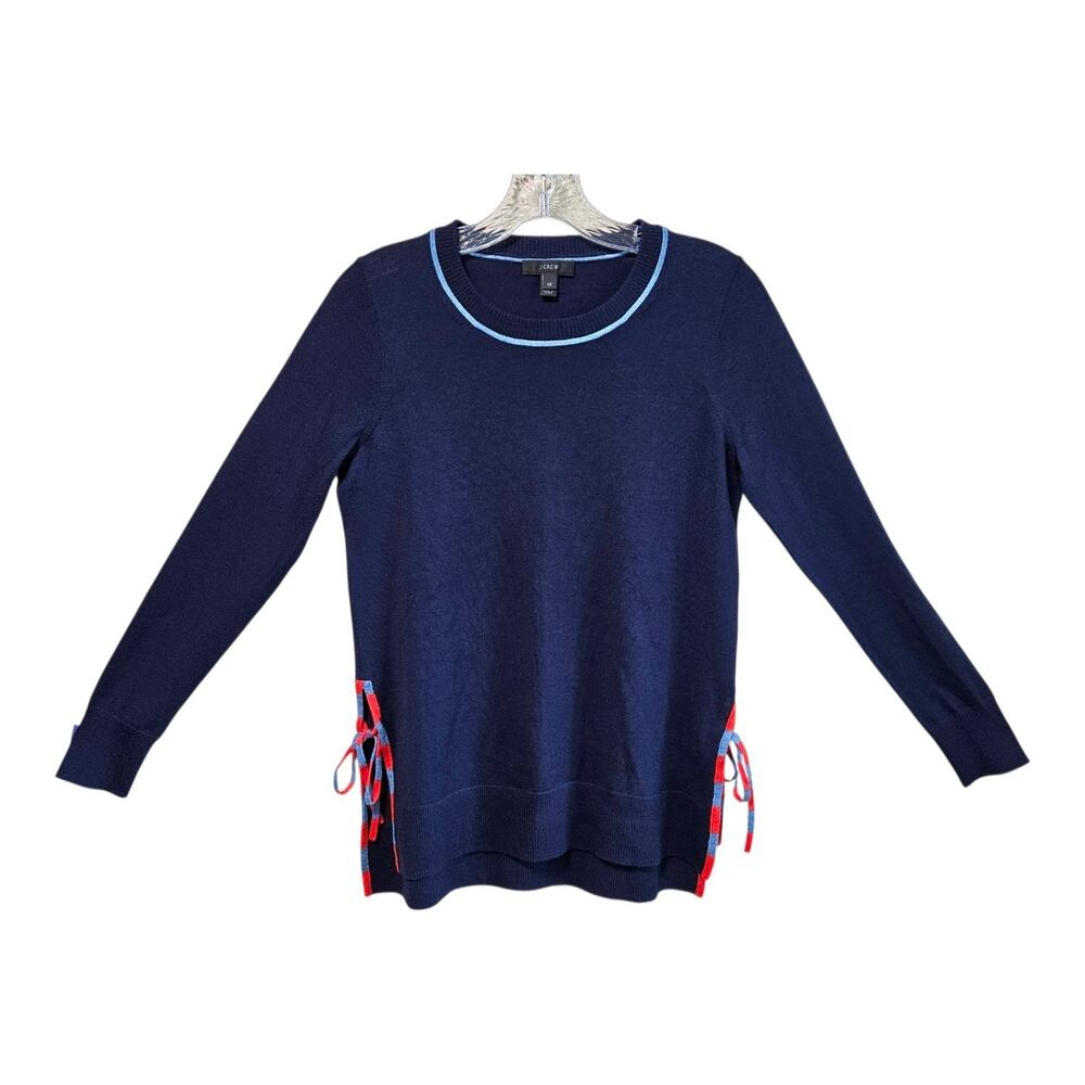 J CREW Women XS Merino Wool Sweater Navy Orange Blue Side Tie Slits Long Slv 34"